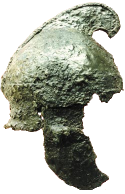 Шлем од ковано железо од македонската фаланга од времето на Филип Македонски, пронајден 1998 на местото Исаp Мрвинци
